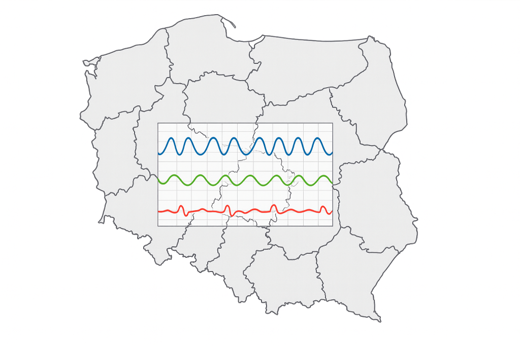 Mapa Polski jako mapa miejsc badań wariograficznych w Polsce. Na środku mapy poligram z zapisem reakcji badanego wariografem.