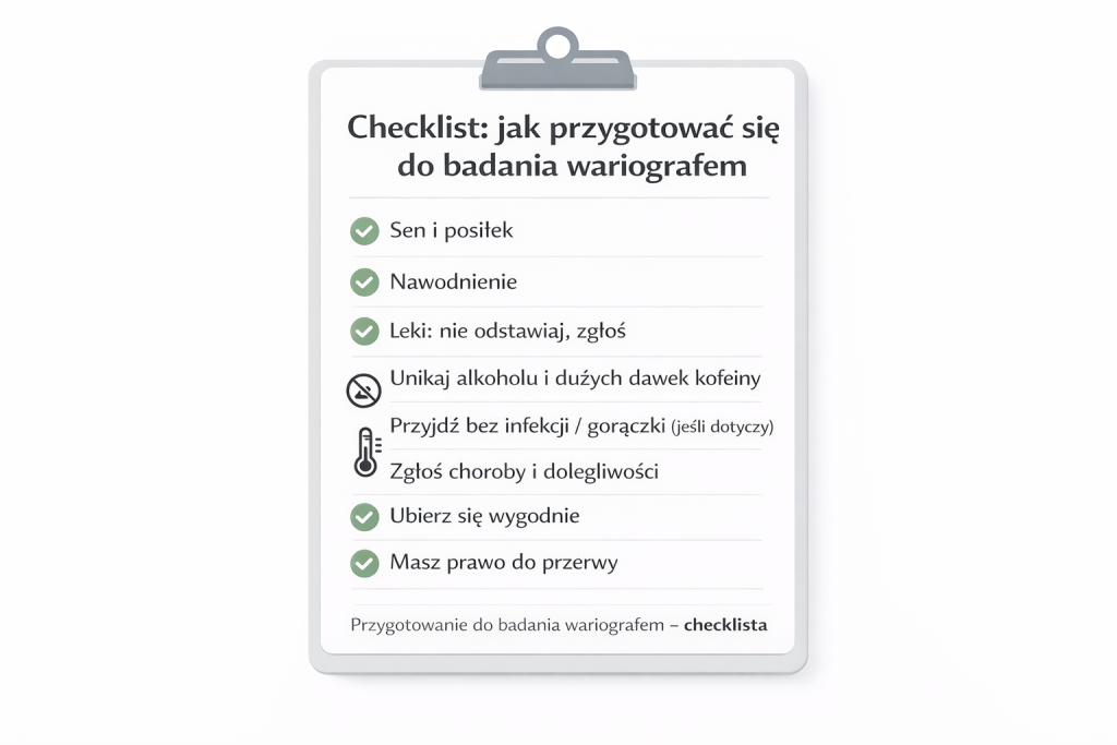 Checklista przygotowania do badania wariografem (wariograf, wykrywacz kłamstw): sen, nawodnienie, leki, komfort, przerwy.