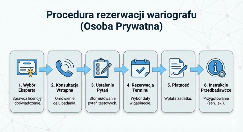 6-etapowa procedura rezerwacji badania wariograficznego dla osoby prywatnej. Schemat krok po kroku: wybór eksperta, konsultacja, ustalenie pytań, termin, wpłata zadatku, instrukcje przedbadawcze