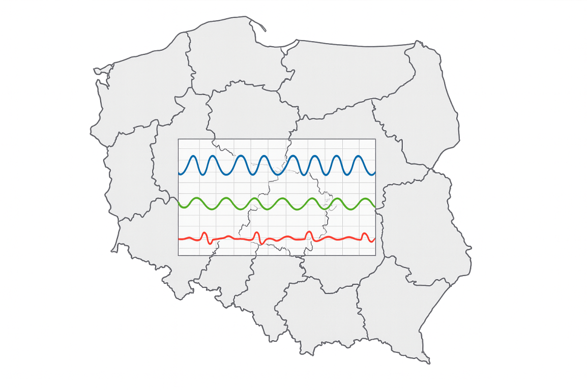 Mapa Polski jako mapa miejsc badań wariograficznych w Polsce. Na środku mapy poligram z zapisem reakcji badanego wariografem.
