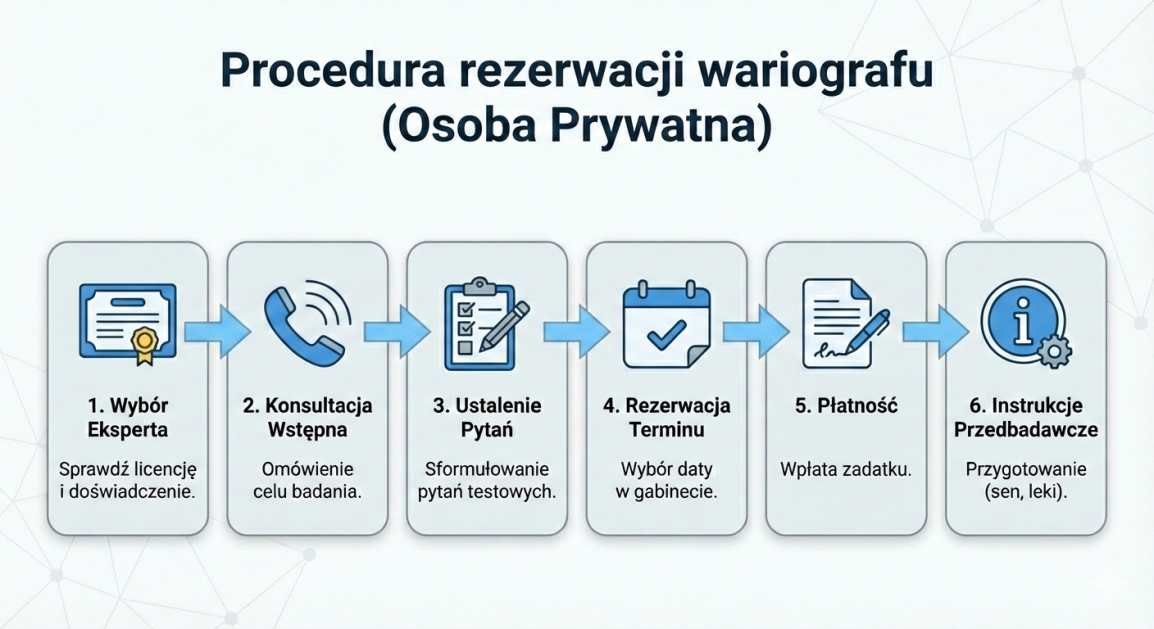 6-etapowa procedura rezerwacji badania wariograficznego dla osoby prywatnej. Schemat krok po kroku: wybór eksperta, konsultacja, ustalenie pytań, termin, wpłata zadatku, instrukcje przedbadawcze